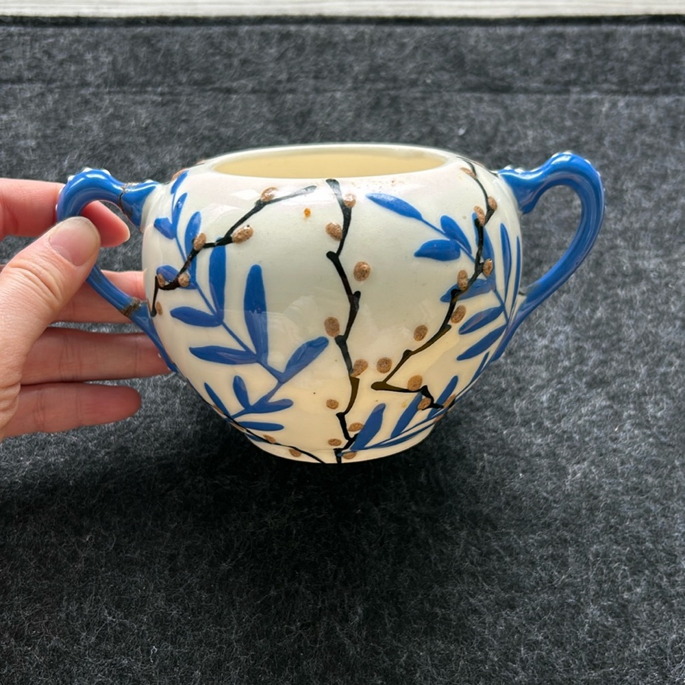 Hand painted Czech two handle sugar bowl or gravy boat